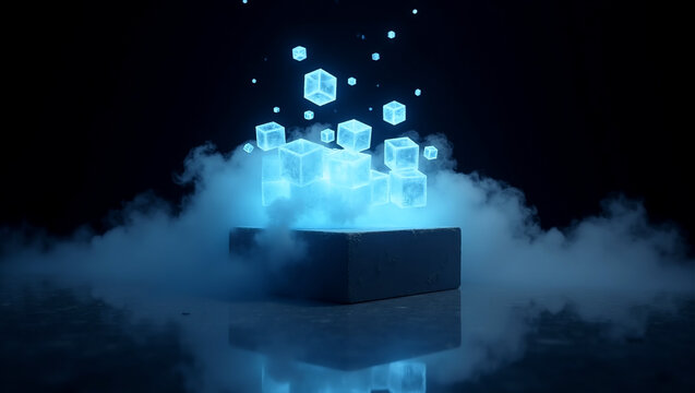 Futuristic glowing blue digital data cubes floating in dark fog, cloud computing and big data storage server concept, 3D render
