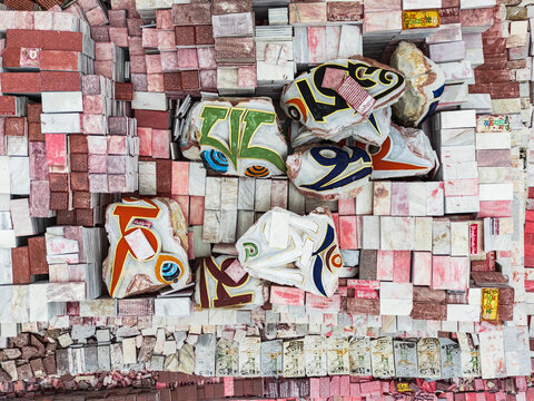 Aerial view of Jiana Mani City with colorful tibetan script stones