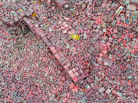 Aerial view of prayer stones inscribed with mantras