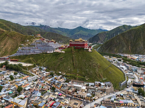 Aerial view of Jiegu Monastery on hill in yushu, qinghai province