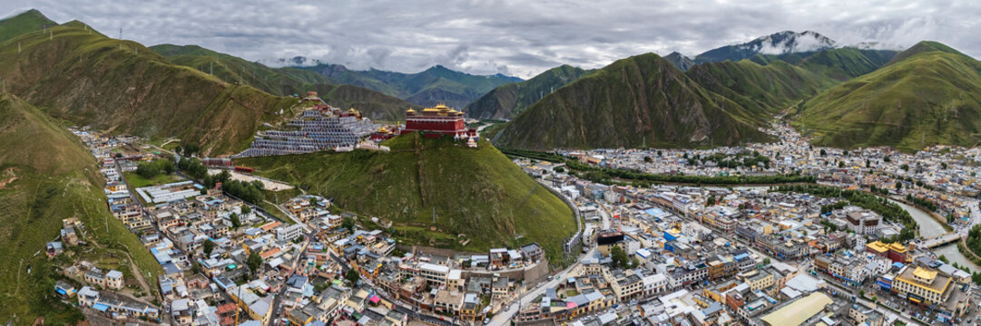 Aerial view of Jiegu Monastery in yushu, qinghai province, Kham Tibet