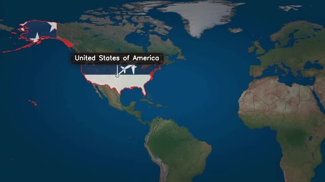 Airplane Flight Route from United States to France on World Map, Traveling from United States Map to France Map with Airplane Animation