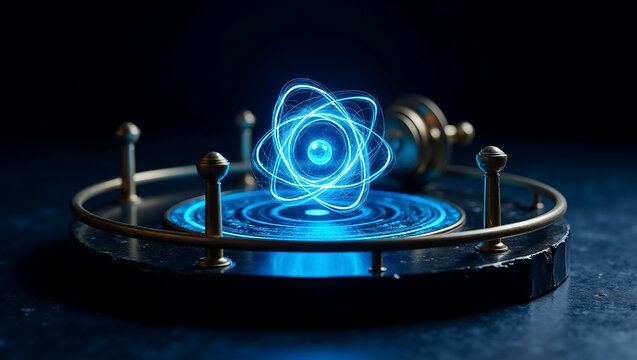 Futuristic glowing blue atomic hologram hovering over vintage metallic astrolabe, advanced quantum physics and AI energy core concept, 3D render
