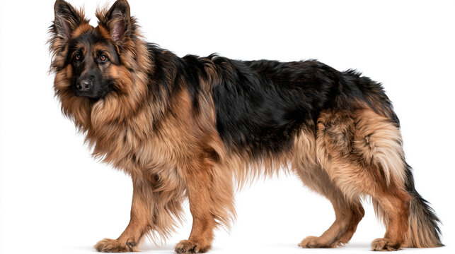 Full length portrait of a fluffy german shepherd dog standing on white background