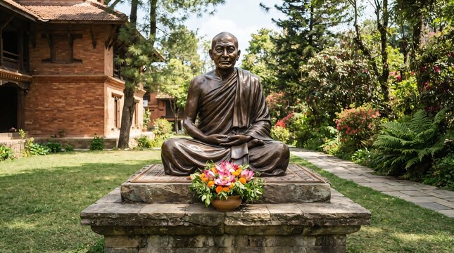 Mahatma Gandhi Statue with Flowers in a Peaceful Garden
