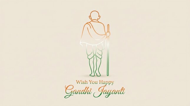 Gandhi Jayanti Greeting with Mahatma Gandhi Walking with Walking Stick Line Art