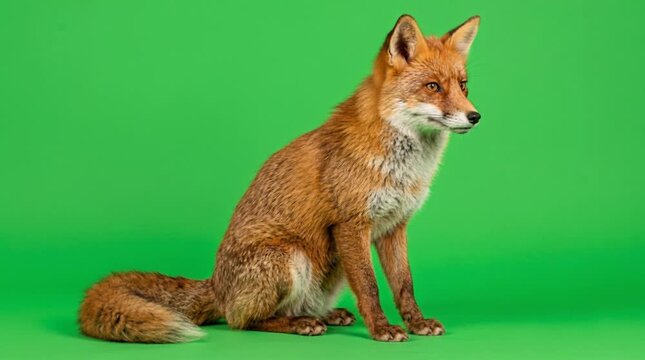 Red fox sitting on green background