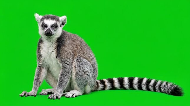 Ring-tailed lemur sitting on a green screen background