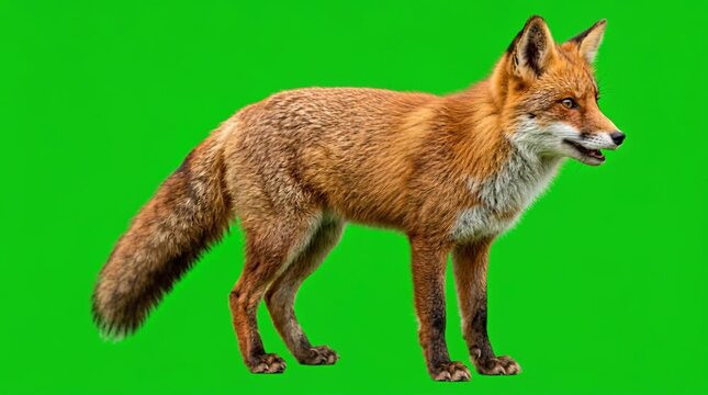 Red fox standing on green screen background