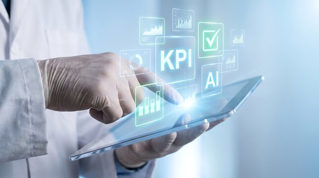 Hand holding tablet displaying key performance indicators and data analysis with glowing holographic interface