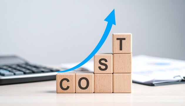 Wooden COST blocks arranged as a rising staircase with a blue upward arrow, representing higher expenses, cost growth, inflation, financial trends, and increasing business costs.