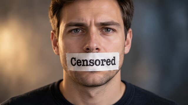 Serious Man with Censored Tape Over Mouth Representing Suppression of Speech