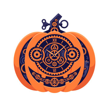 Steampunk mechanical pumpkin clock with intricate gears and machinery for Halloween
