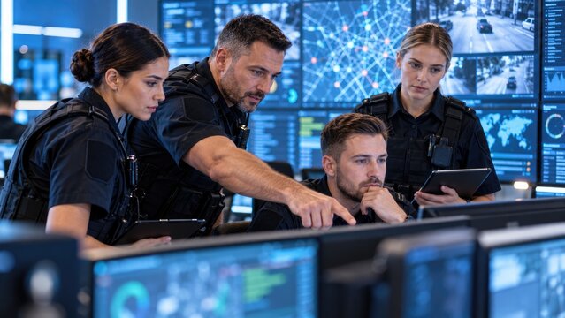 Security Officers Monitoring Surveillance Screens in Modern Command Center
