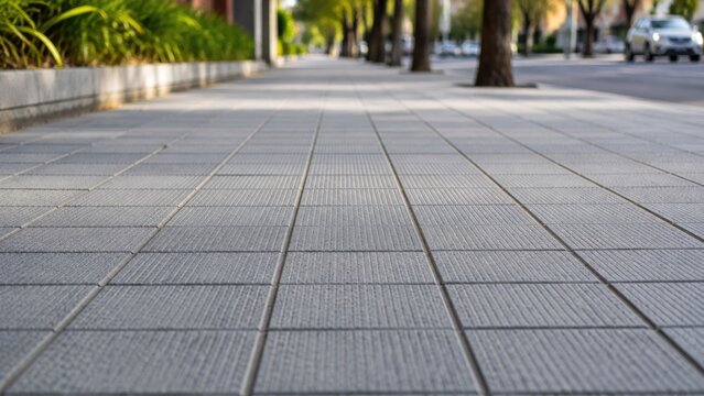 Modern Tiled Urban Sidewalk with Trees and Greenery Along City Street