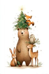 Fototapeta premium Charming woodland animals celebrate Christmas.