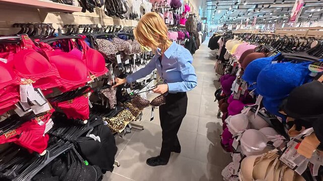 Woman browses bras on lingerie store rack, moving hangers to inspect colorful styles. Shopper compares intimate apparel in bright retail aisle, focused on choosing suitable design.