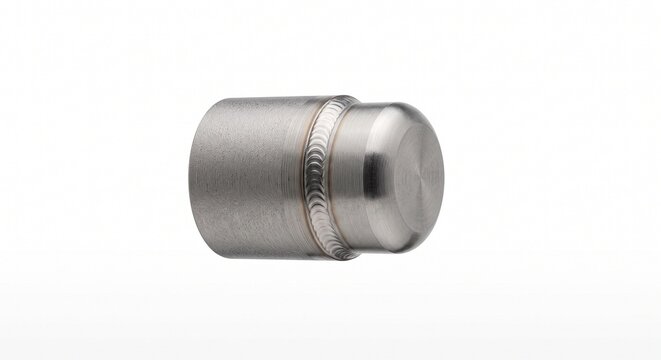 Nuclear fuel rod Zircaloy cladding tube end cap. Zirconium alloy cylinder with TIG welded orbital seam for fission energy. Precision industrial hardware isolated on white background.