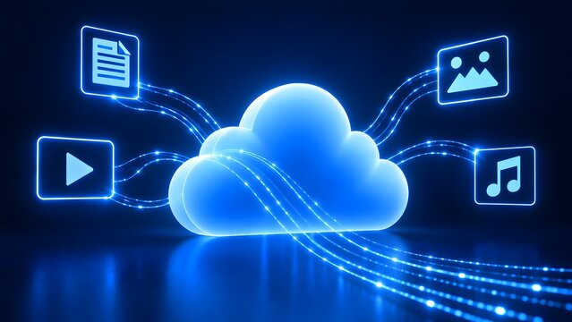Glowing blue neon cloud computing concept illustrating digital multimedia data transfer file sharing and online document storage synchronization.
