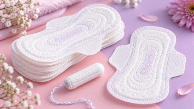 Feminine Hygiene Products with Sanitary Pads and Tampon on Soft Pink Floral Background