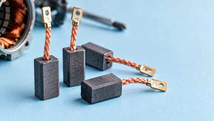 Electric Motor Carbon Brushes with Copper Braided Wires on Blue Background