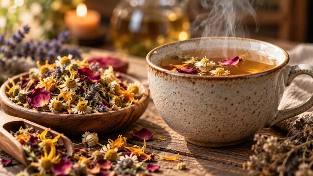 Steaming Herbal Tea with Chamomile Lavender and Dried Flowers on Rustic Wooden Table