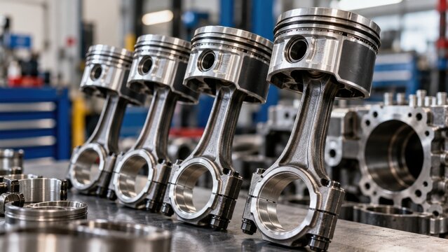 Automotive Engine Pistons and Connecting Rods Arranged on Workbench in Professional Workshop