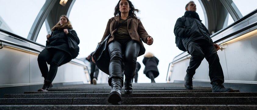 Modern escalator scene featuring three people moving upward
