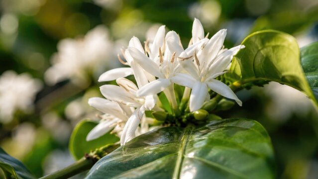 Close Up of White Coffee Blossoms Blooming Among Glossy Green Leaves