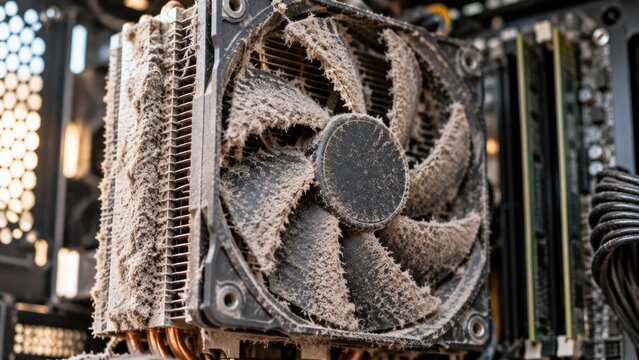 Dust Covered Computer Cooling Fan and Heatsink Inside Desktop PC Case