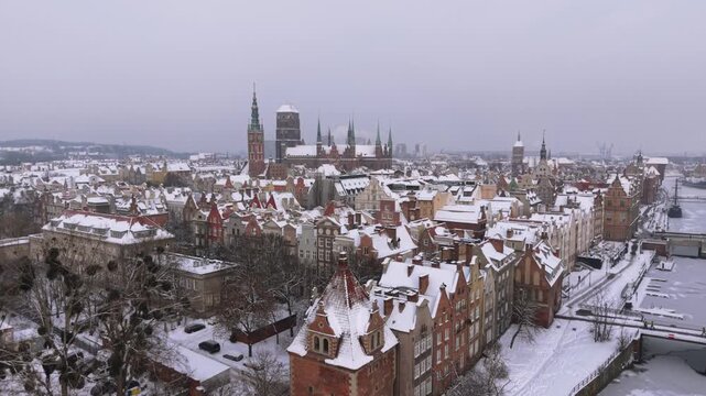 Aerial view of the beautiful main city in Gdansk at winter, Poland