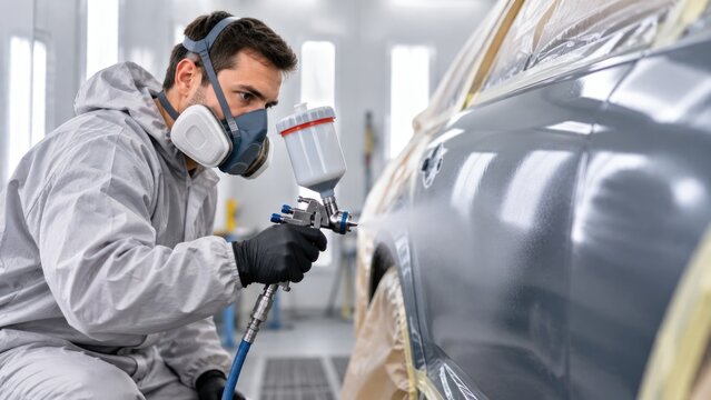 Professional Auto Body Painter Applying Paint to Car with Spray Gun in Workshop