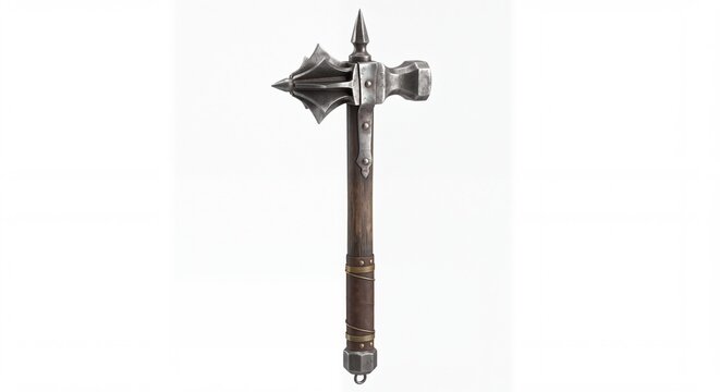 A close up view of a heavy medieval war hammer with a spiked metal head and a long wooden handle.