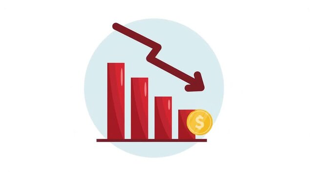 Animated Decreasing Bar Graph with Red Downward Arrow and Gold Coin, Financial Loss and Market Crash Concept