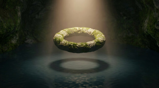 Mossy stone ring hovering over water in cave light