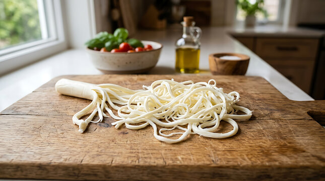 Fresh string cheese pulled apart on a rustic wooden cutting board in a sunny kitchen