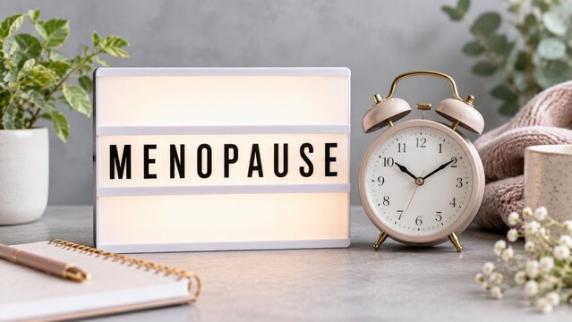 Menopause Concept with Illuminated Sign and Alarm Clock in Cozy Home Interior