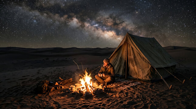 Man warming hands by a campfire in front of a desert tent under a starlit sky