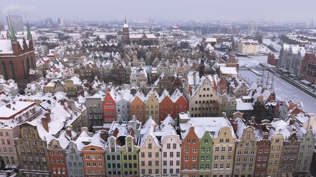 Aerial view of the beautiful main city in Gdansk at winter, Poland