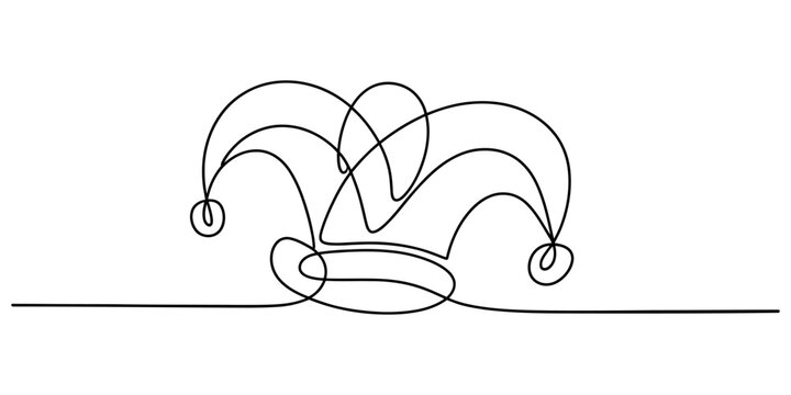 Jester hat one line art drawing represents comedy and humor in simple black outline for logo design or theater branding.