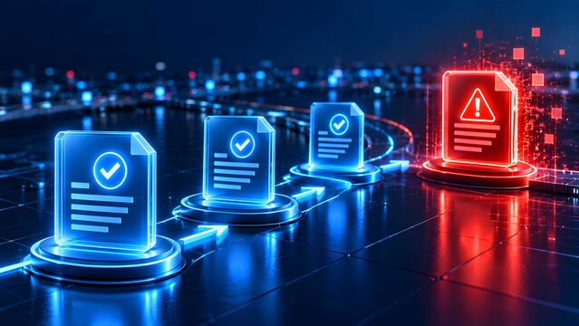 Digital workflow concept showing glowing blue approved documents moving towards a red warning file representing cybersecurity threat or data validation error
