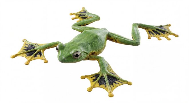 A detailed top-down view of a vibrant green tree frog with webbed feet isolated on white background.