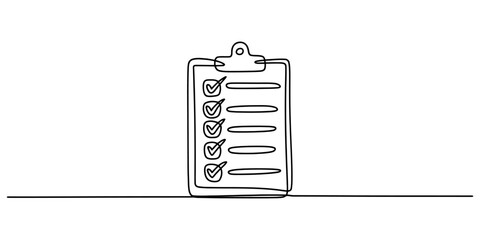 Continuous single line drawing of office clipboard with check marks for checklist and productivity management concept. © Purnima