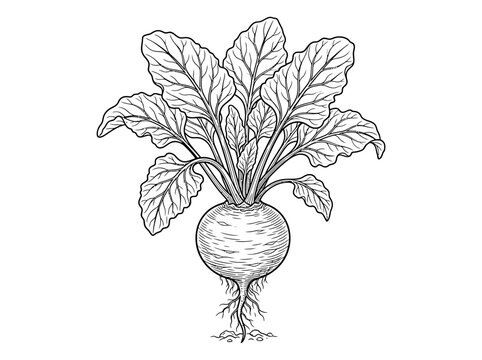 Detailed black and white line art illustration of a fresh beet vegetable.