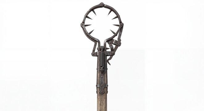 A Medieval Man Catcher Pole Weapon Featuring a Circular Iron Head with Sharp Spikes for Restraint.