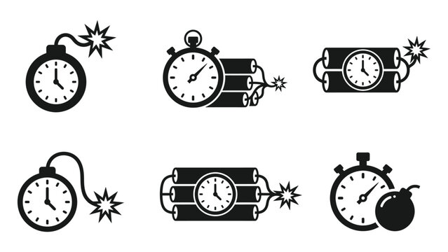 Time Bomb and Dynamite Stopwatch Icon Set in Black Silhouette Style with Vector Design and Illustration Elements