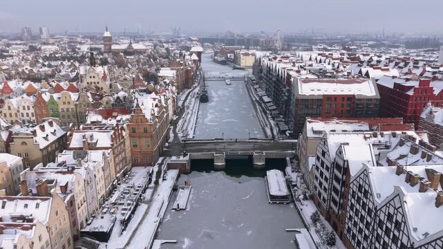 Aerial view of the beautiful main city in Gdansk at winter, Poland