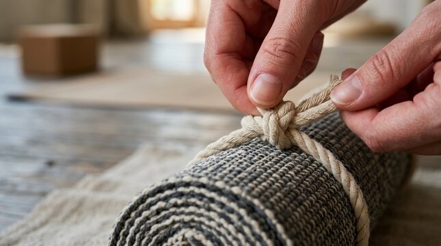 Hands Tying Rope Knot Around Rolled Up Rug on Wooden Floor