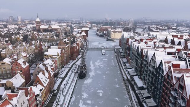 Aerial view of the beautiful main city in Gdansk at winter, Poland