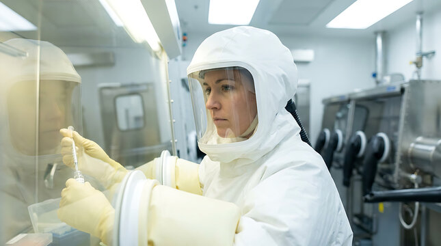 Researcher in protective hood pipetting sample in isolator